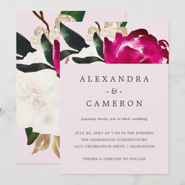 Convites Magnolia Pintada a Rosa Esbranquiçada | Casamento (Frente/Verso)