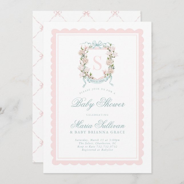 Convites Magnolia Rosa Monograma Bebê em Chá de Sangue (Frente/Verso)