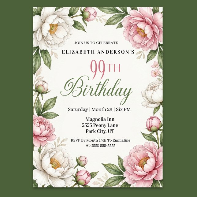 Convites Magnólia Rosa Suave e Peônia 99º Aniversário (Elegant pink peony and white magnolia floral 99th birthday invitation with botanical greenery )