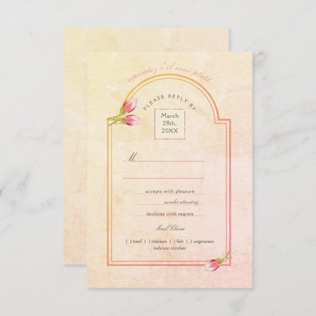 Convites Magnolia Sunset Peach Watercolor RSVP (Frente/Verso)