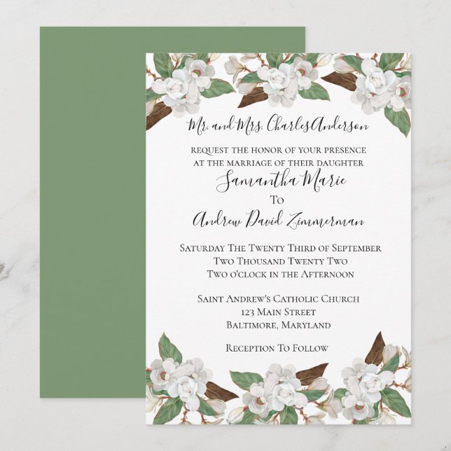 Convites Magnólias Brancas Clássicas Elegantes Casamento Fo (Frente/Verso)