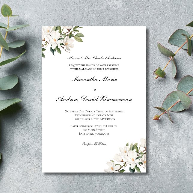 Convites Magnólias Brancas Clássico Formal Casamento Elegan (Elegant Classic Traditional White Magnolias Wedding invitation)