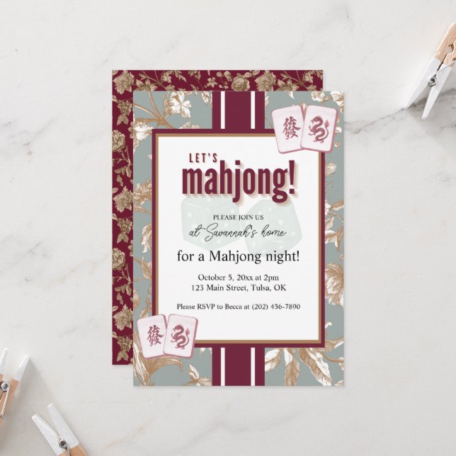 Convites Mahjong Party Invitation, burgundy toile, tiles (Frente/Verso In Situ)