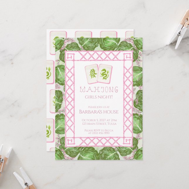 Convites Mahjong Party Invitation, Cabbage and Pink (Frente/Verso In Situ)