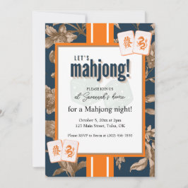 Convites Mahjong Party Invitation, navy gold toile, tiles
