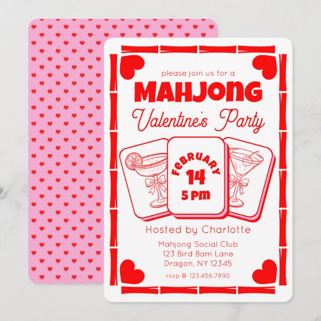 Convites Mahjong Valentine's Party Invitation (Frente/Verso)