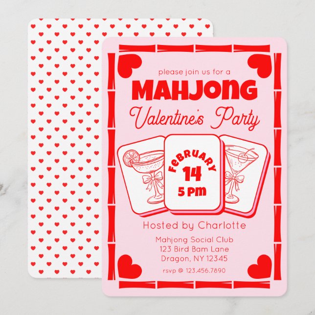 Convites Mahjong Valentine's Pink Party Invitation (Frente/Verso)