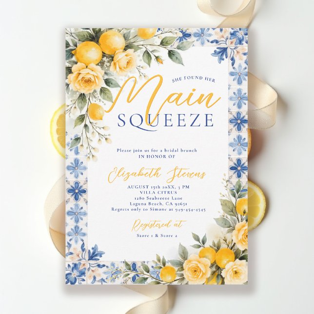 Convites Main Squeeze Lemon Blue Italian Bridal Shower  (main squeeze bridal shower lemon italian theme mediterranean blue invitation summer brunch)