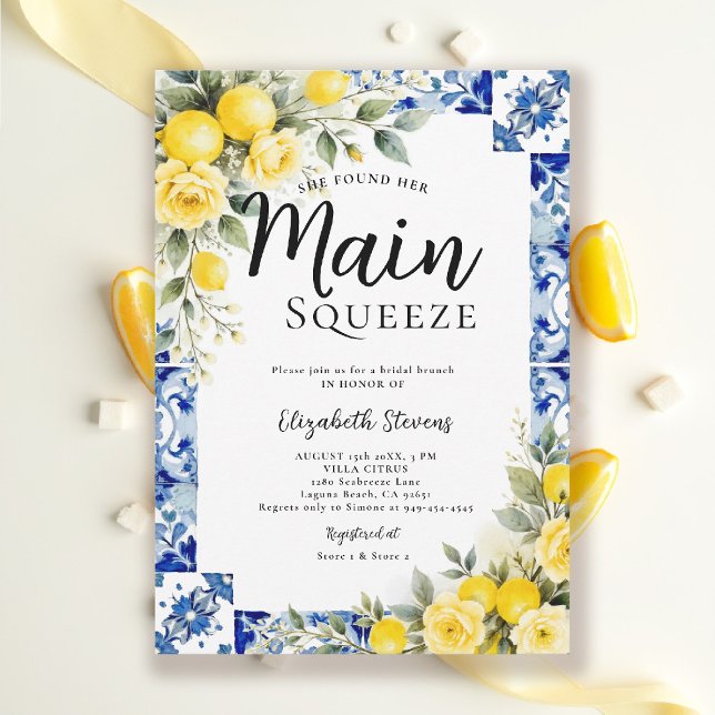 Convites Main Squeeze Lemon Blue Tile Floral Bridal Shower  (main squeeze bridal shower lemon theme mediterranean italian blue tile invitation summer)