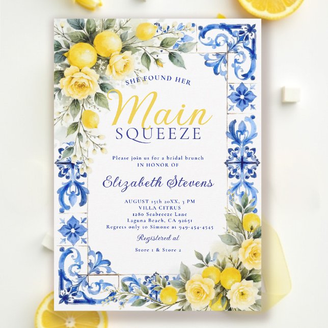 Convites Main Squeeze Lemon Blue Tile Floral Bridal Shower  (main squeeze bridal shower lemon italian theme mediterranean blue tile invitation summer brunch)