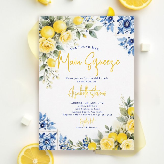 Convites Main Squeeze Lemon Blue Tiles Roses Bridal Shower  (main squeeze bridal shower lemon italian theme mediterranean blue tile invitation summer)