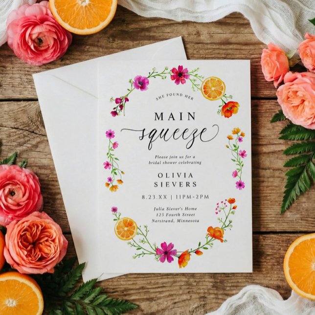 Convites Main Squeeze Rosa Laranja Chá de Panela Citrino (Main Squeeze bridal shower invitation with watercolor citrus wreath in pink and orange)