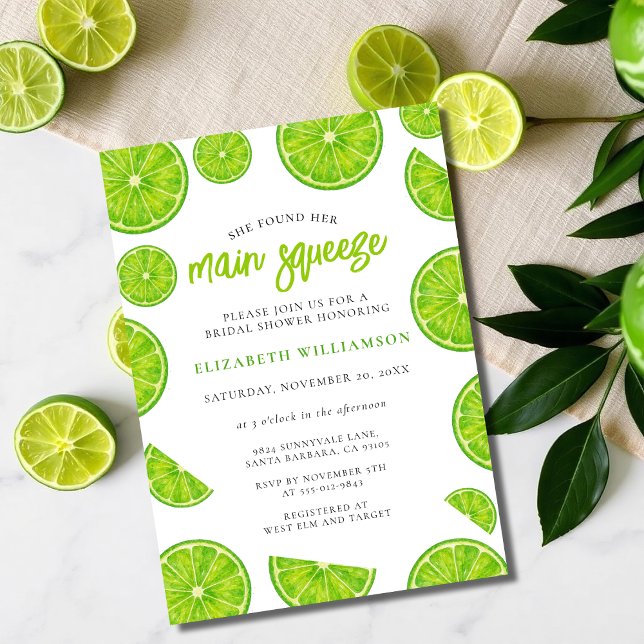 Convites  Main Squeeze Watercolor Lime Green Bridal Shower (Criador carregado)