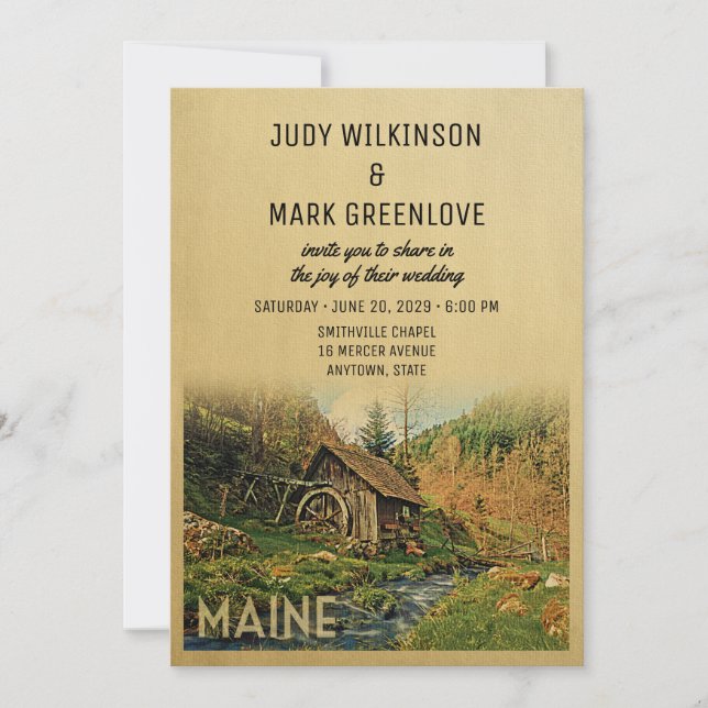Convites Maine Wedding Invitation Rustic Cabin Mill (Frente)