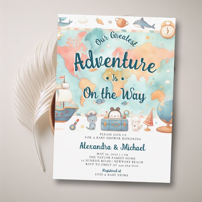 Convites Maior Casal de Mapa de Aventura Chá de fraldas (adventure boy baby shower invitation cute world map watercolor cute adorable boat animals luggage)