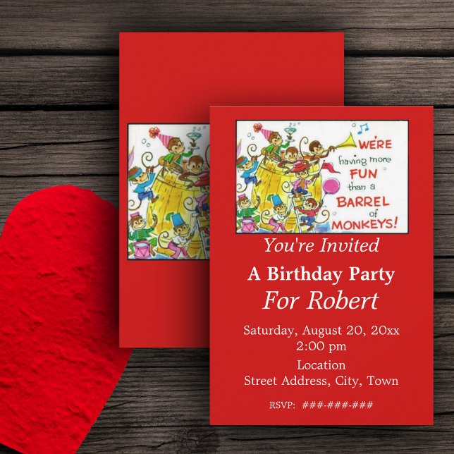Convites Mais divertido que o barril de macacos (More fun than barrel of monkeys on birthday party red invitations.)