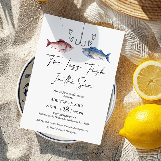 Convites Mais Dois Peixes A Menos No Chá De Casais Marinhas (Funny Two Less Fish In The Sea Couples Shower Invitation Template, Two Less Fish Bridal Shower )