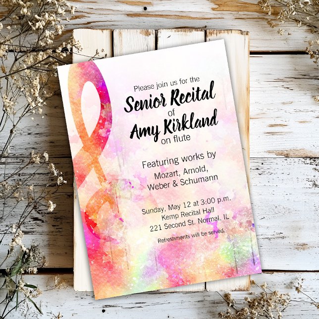 Convites Mais velho Considerando Limpeza do Trecho de Aquar (Pink watercolor abstract treble clef themed music recital invitation - customizable.)