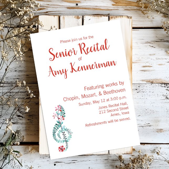 Convites Mais velho Music Considerando (Custom senior recital invitation with a watercolor floral treble clef.)