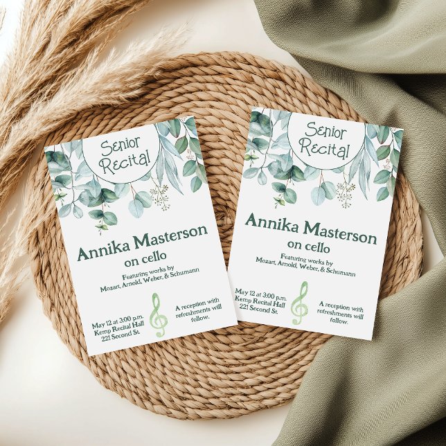 Convites Mais velho Personalizado Música Considerando Deixa (Greenery themed custom senior music recital invitation template.)