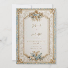 Convites Majestoso Brocado Dourado Vitoriano Casamento Azul