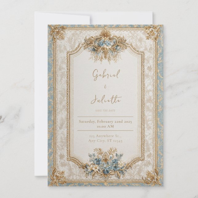 Convites Majestoso Brocado Dourado Vitoriano Casamento Azul (Frente)