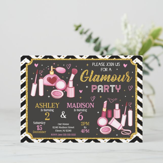 Convites Makeup Birthday Invitation | Glamour Spa Party  (Em pé/Frente)