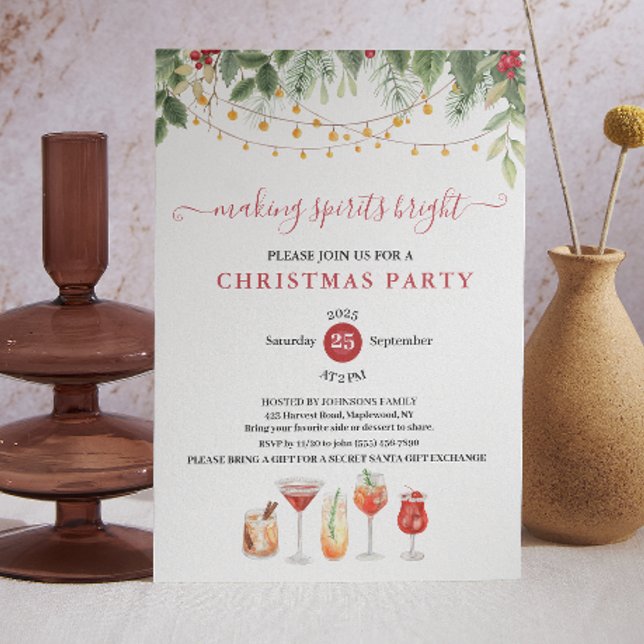 Convites Making Spirits Bright Christmas Cocktail Party (Making Spirits Bright Christmas Cocktail Party Invitation botanic rustic holiday country farm style )