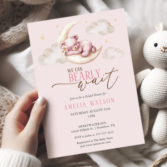 Convites Mal Pode Esperar Urso Teddy Rosa Churrasco de Bebê (Can Bearly Wait Pink Teddy Bear Baby Girl Shower Invitation)