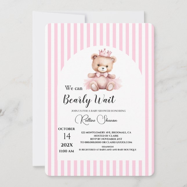Convites Mal podemos esperar baby shower listras rosa (Frente)