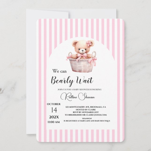 Convites Mal podemos esperar baby shower listras rosa (Frente)