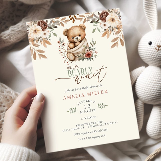 Convites Mal Podemos Esperar Boho Floral Chá de Bebê (We Can Bearly Wait Boho Teddy Bear Floral Baby Shower Invitation)