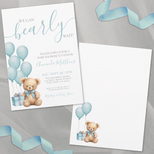 Convites Mal Podemos Esperar Churrasco de Bebê Azul (We Can Bearly Wait Boy Baby Shower Invitation)