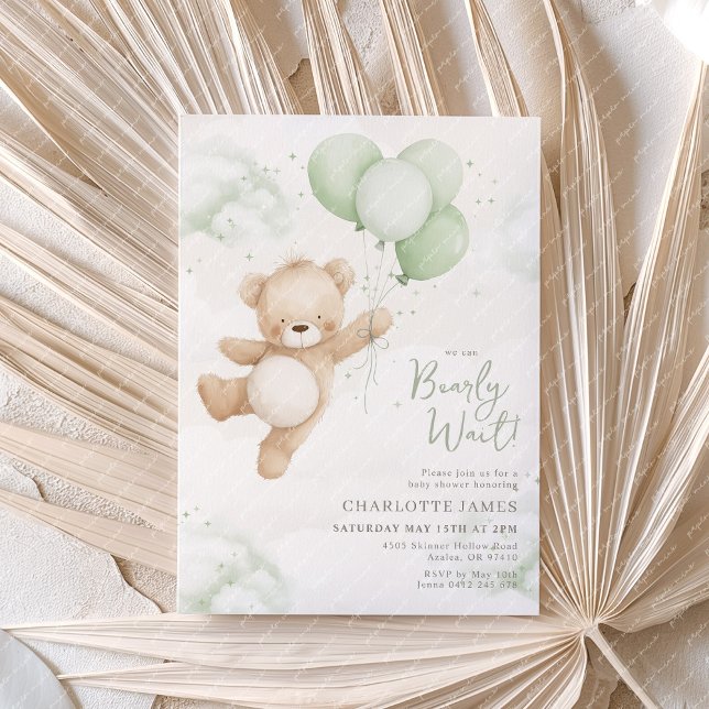 Convites Mal podemos esperar! Churrasco de bebê tema Urso B (We can Bearly Wait! Baby Shower invitation with bear and sage green balloons)