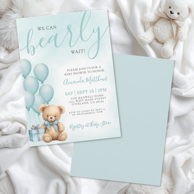 Convites Mal Podemos Esperar Churrasco de Bebê Urso Azul (We Can Bearly Wait Blue Bear Baby Shower Invitation)