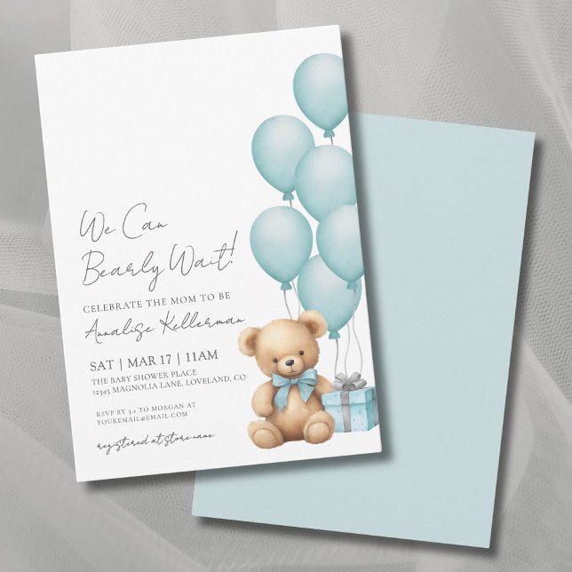 Convites Mal Podemos Esperar Churrasco de Bebê Urso Azul (We Can Bearly Wait Blue Bear Baby Shower Invitation)