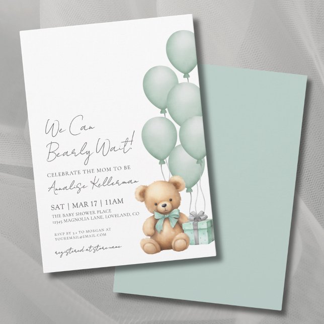 Convites Mal Podemos Esperar Churrasco de Bebê Urso Verde (We Can Bearly Wait Green Bear Baby Shower Invitation)