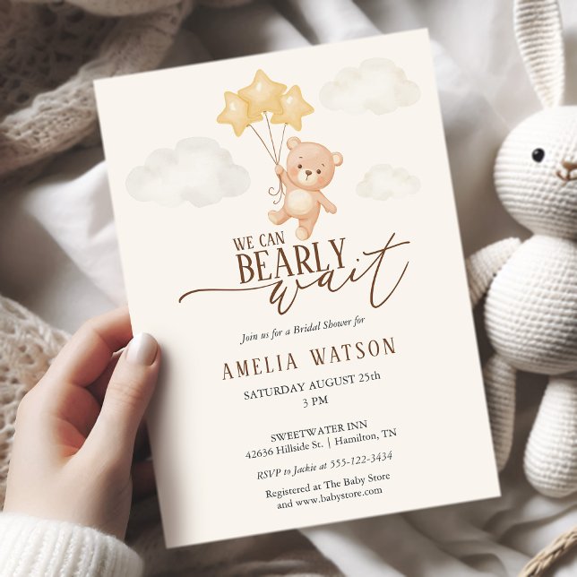 Convites  Mal Podemos Esperar Churrasqueira de Aquarela par (We Can Bearly Wait Watercolor Baby Shower Invitation)