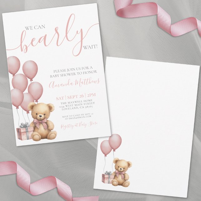 Convites Mal Podemos Esperar Festa de Bebê Menina Rosa (Teddy Bear We Can Bearly Wait Baby Shower Invitation)