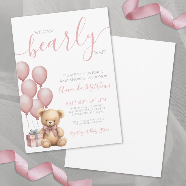 Convites Mal Podemos Esperar Festa de Bebê Menina Urso Rosa (We Can Bearly Wait Pink Bear Girl Baby Shower Invitation)