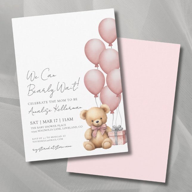 Convites Mal Podemos Esperar Menina Rosa Chá de Bebê (We Can Bearly Wait Girl Pink Baby Shower Invitation )