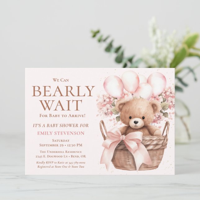 Convites Mal Podemos Esperar Menina Urso Na Cesta Chás de B (Em pé/Frente)