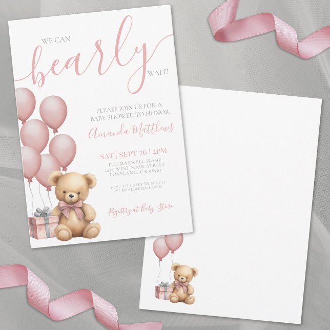 Convites Mal Podemos Esperar Menina Urso Rosa Chá de Bebê (We Can Bearly Wait Girl Pink Bear Baby Shower Invitation)