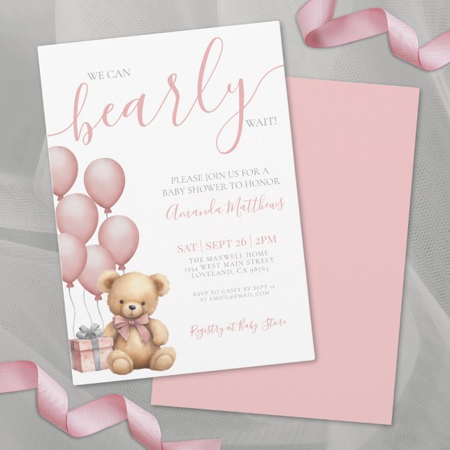 Convites Mal Podemos Esperar Menina Urso Rosa Chá de Bebê (We Can Bearly Wait Girl Pink Bear Baby Shower Invitation )