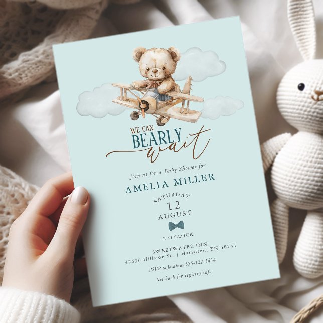 Convites Mal Podemos Esperar Teddy Avião Azul Chuvinha de B (We Can Bearly Wait Teddy Airplane Blue Baby Shower Invitation)