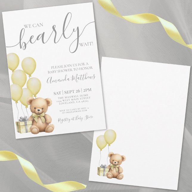 Convites Mal Podemos Esperar Urso Amarelo Chá de Bebê (We Can Bearly Wait Yellow Bear Baby Shower Invitation)