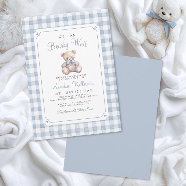 Convites Mal Podemos Esperar Urso Azul Churras de Bebê (We Can Bearly Wait Blue Bear Baby Shower Invitation)
