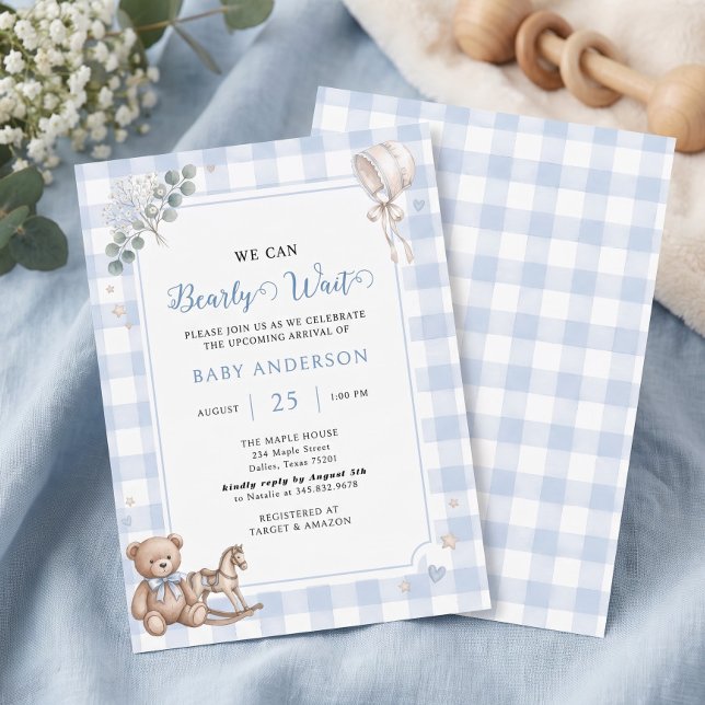 Convites Mal Podemos Esperar Urso de Aguarela Azul (We Can Bearly Wait Blue Watercolor Boy Teddy Bear Invitation)