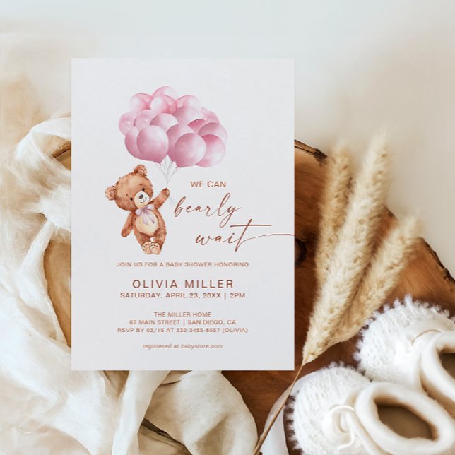 Convites Mal Podemos Esperar Urso de Balão Rosa Chás de Beb (Criador carregado)