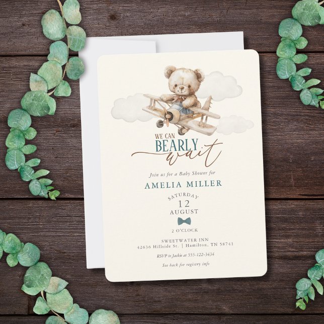 Convites Mal Podemos Esperar Urso de Pelúcia Avião Chá de B (We Can Bearly Wait Teddy Bear Airplane Baby Shower Invitation)